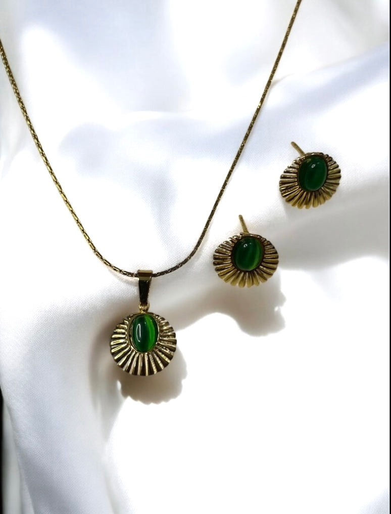 Elegant Anti-Tarnish Green Designer Pendant & Earrings Set – Small, Stylish, & Durable